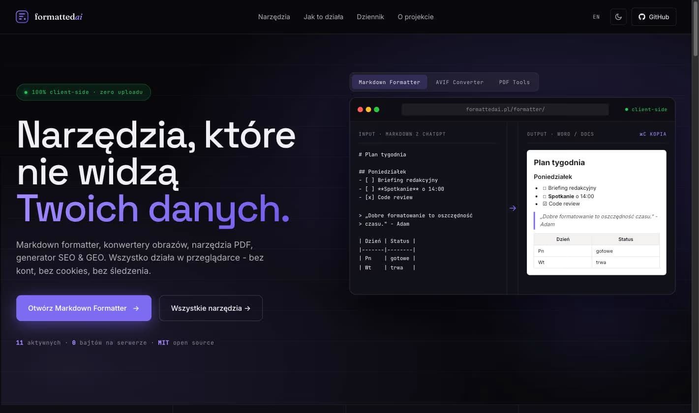 FormattedAI homepage after the Hybrid Console redesign, dark theme with tool categories