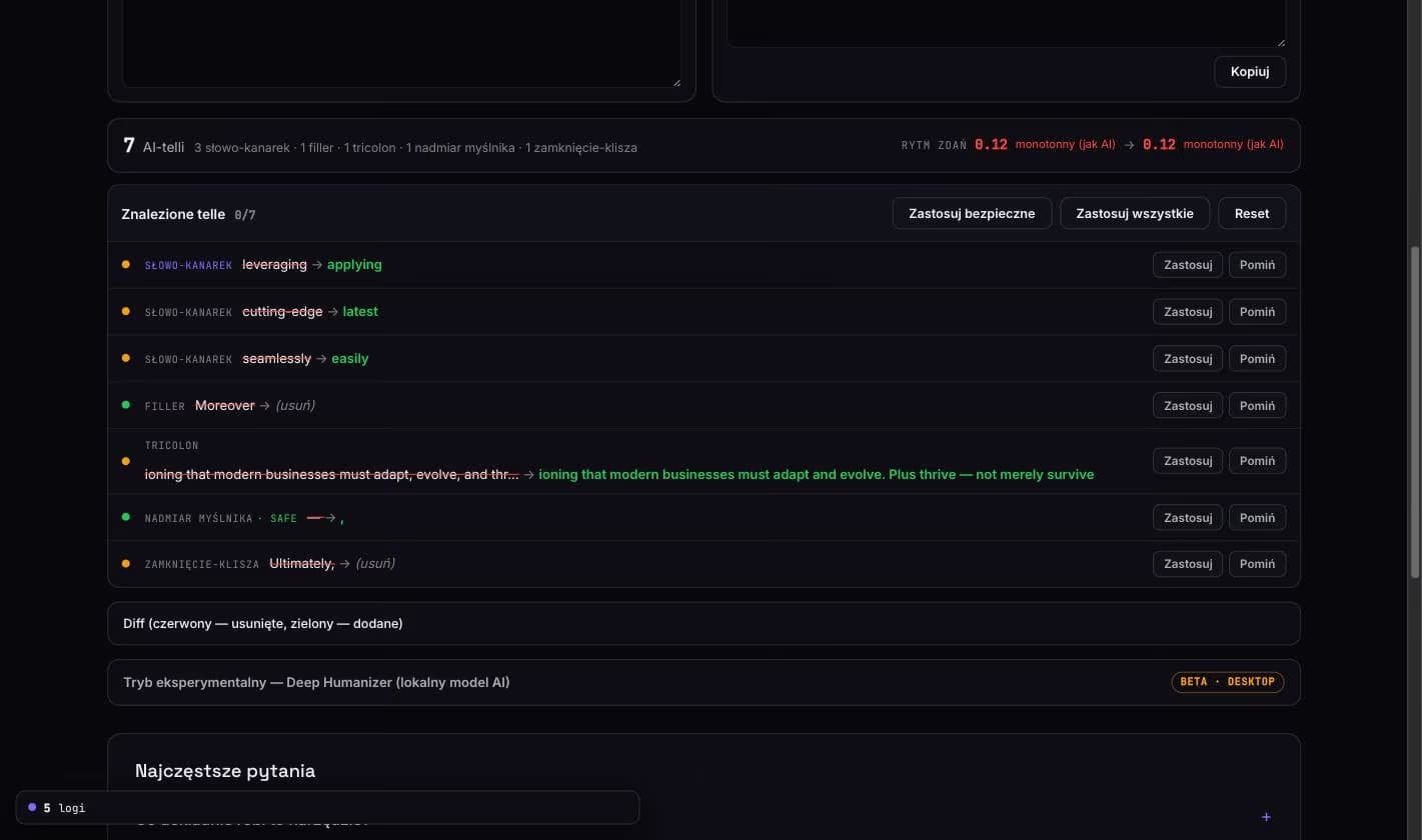 Text Humanizer findings view with per-issue fixes and sentence rhythm signal