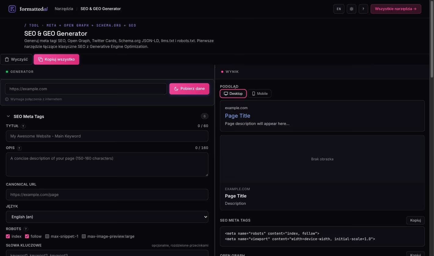 SEO and GEO tag generator with live SERP preview
