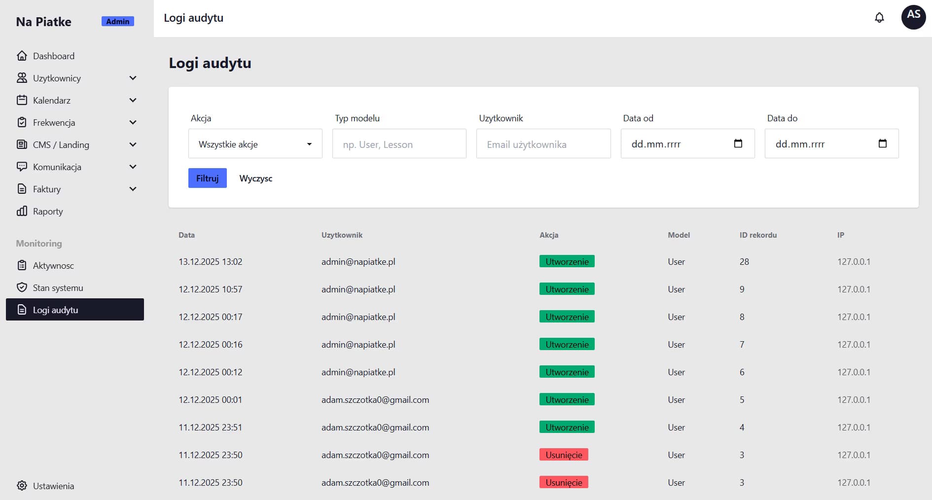 TutorHub audit log with user activity and IP tracking